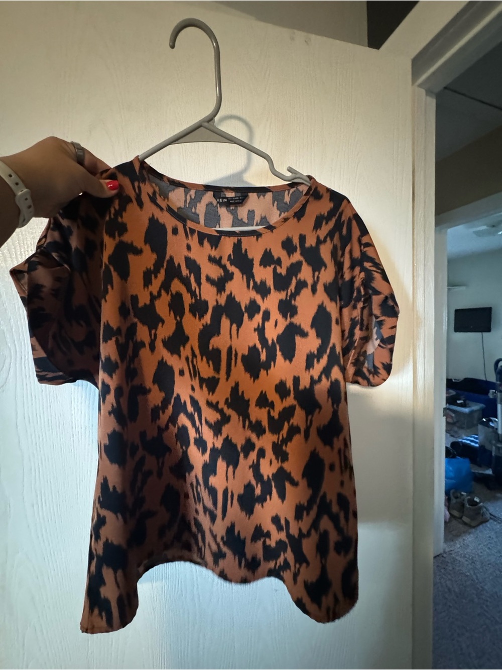 SHEIN Black & Rust Leopard Print Short Sleeve Blouse